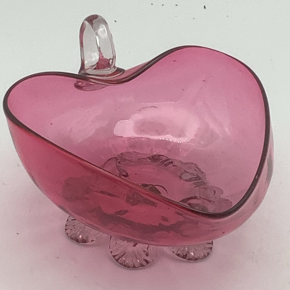 Vintage Heart-Shaped Pink Glass Footed Bowl
